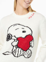 Schwarzer Damenpullover mit Rundhalsausschnitt, Snoopy- und Woodstock-Aufdruck und Strass-Herz | SNOOPY PEANUTS™ SONDEREDITION