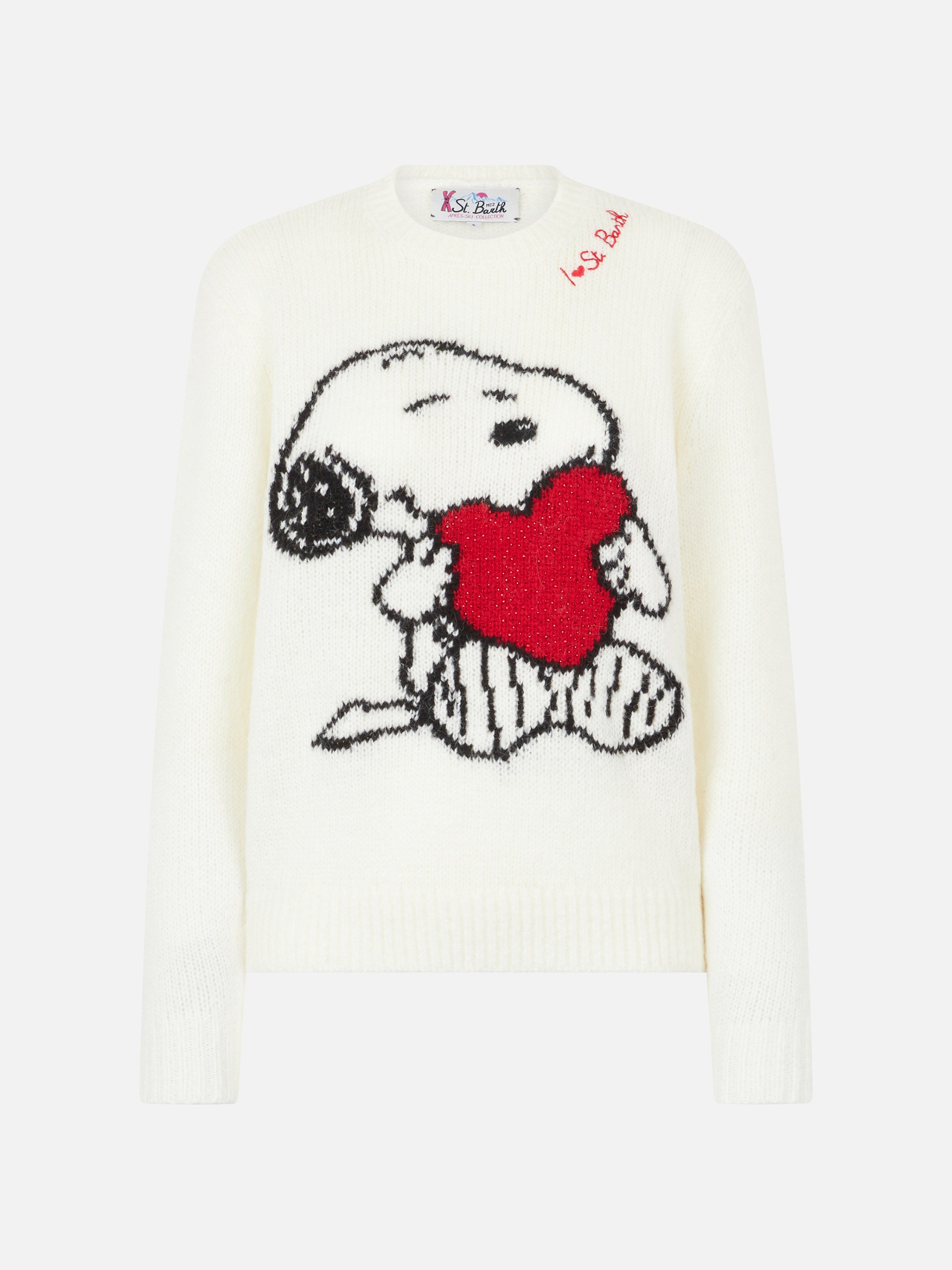 Woman sweater with Snoopy and Woodstock jacquard and rhinestones