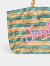 Turquoise striped Raffia Beach bag with cotton pouch