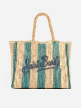 Hellblau gestreifte Raffia-Strandtasche mit Baumwollbeutel