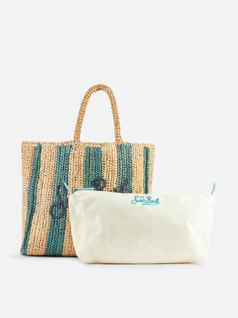 Hellblau gestreifte Raffia-Strandtasche mit Baumwollbeutel