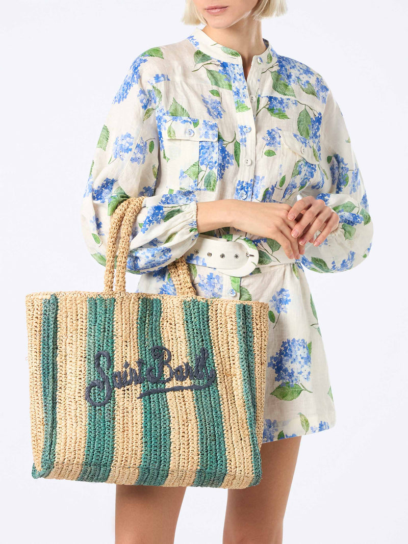 Hellblau gestreifte Raffia-Strandtasche mit Baumwollbeutel