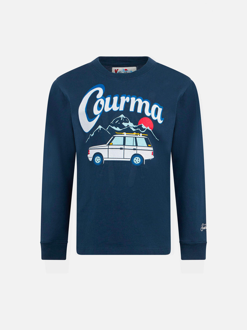 Boy heavy cotton t-shirt with Courma mountains car print