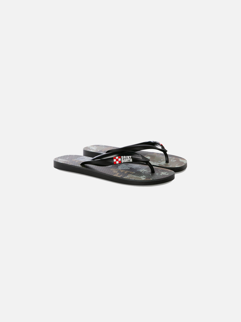 Man flip flops with camouflage patch