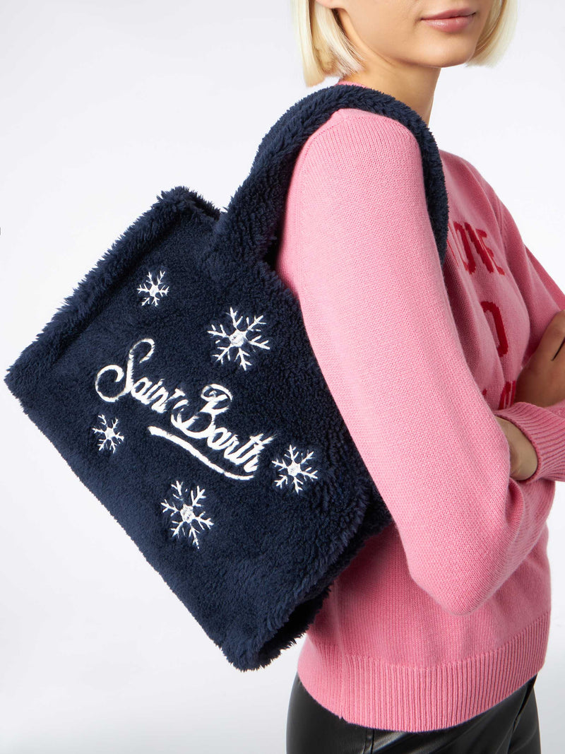 Borsa morbida in teddy blu con fiocchi di neve