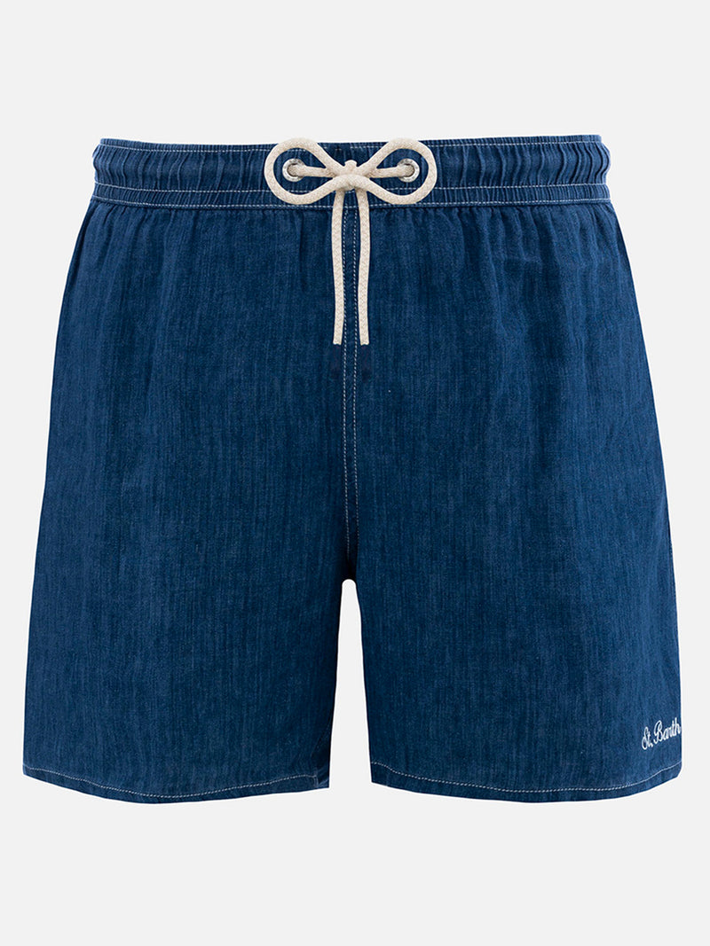 Man mid-length denim blue linen swim-shorts Gustavia