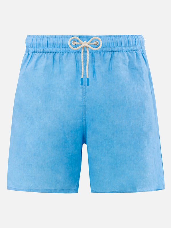 Man mid-length sky blue linen swim-shorts Gustavia