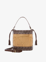 Straw bucket bag with brown monogram details