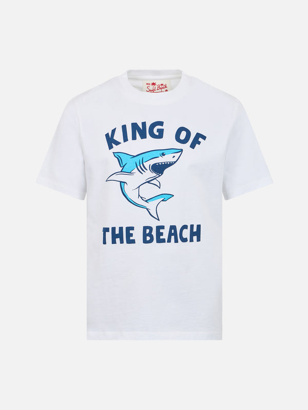 Boy cotton t-shirt with King of the Beach shark print