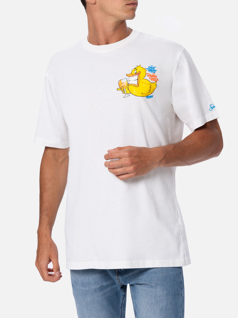 T-shirt da uomo in cotone con stampa piazzata fronte e retro Cryptopuppets Ducky Aperitif | EDIZIONE SPECIALE CRYPTOPUPPETS