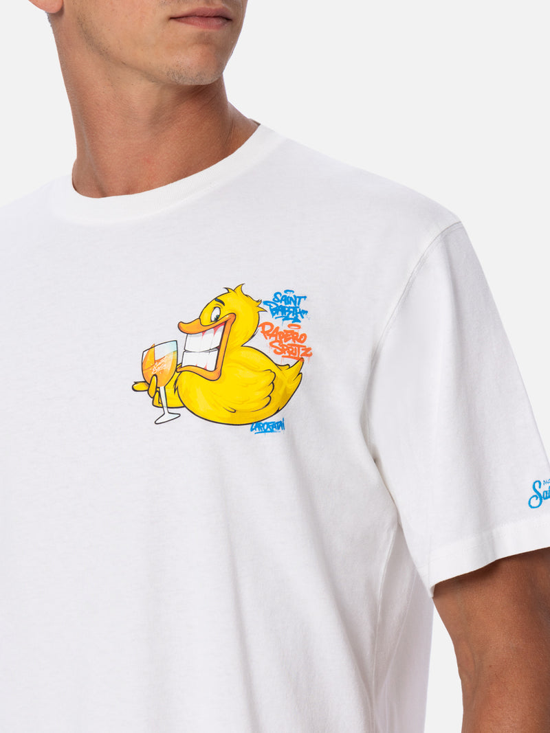 Herren-Baumwoll-T-Shirt mit platziertem Aufdruck „Cryptopuppets Ducky Aperitif“ auf Vorder- und Rückseite | CRYPTOPUPPET-SONDERAUSGABE