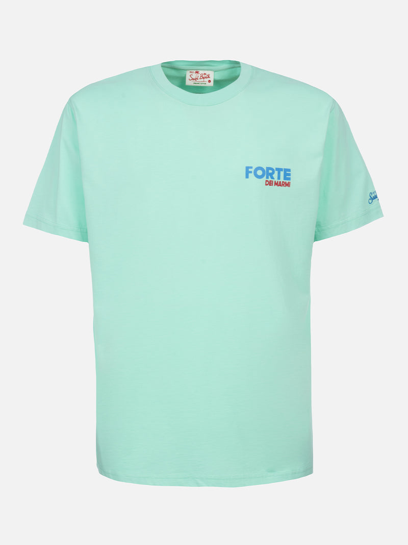 Man cotton t-shirt with Forte dei Marmi postcard placed print