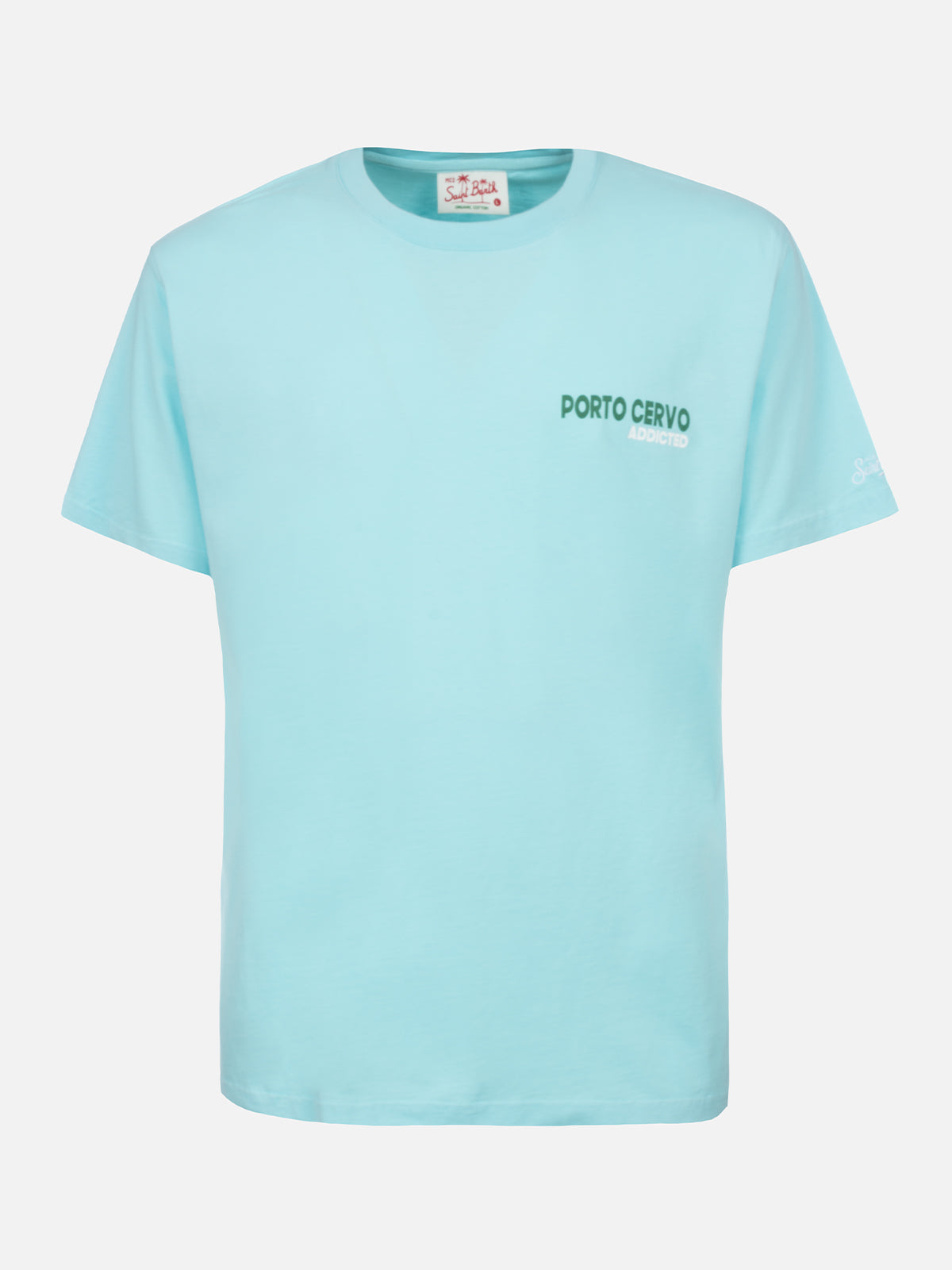 Man cotton t-shirt with Porto Cervo Addicted postcard placed print