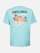 Man cotton t-shirt with Porto Cervo Addicted postcard placed print