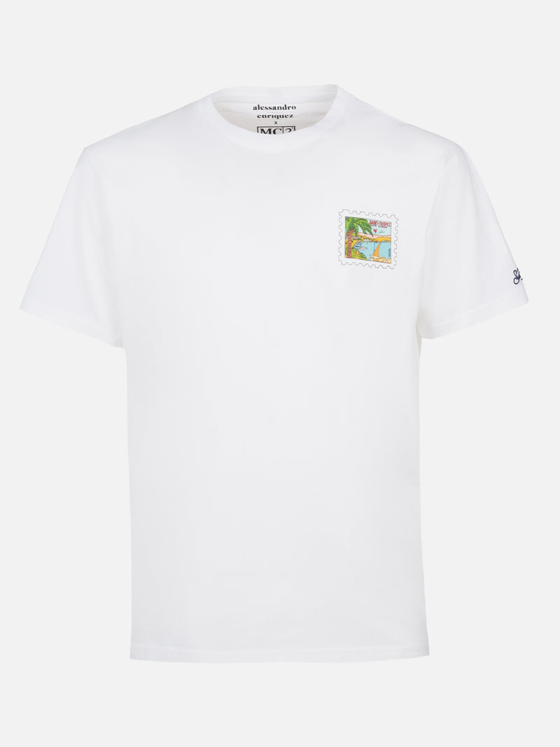 Man cotton t-shirt with St. Tropez postcard front and back print | ALESSANDRO ENRIQUEZ SPECIAL EDITION