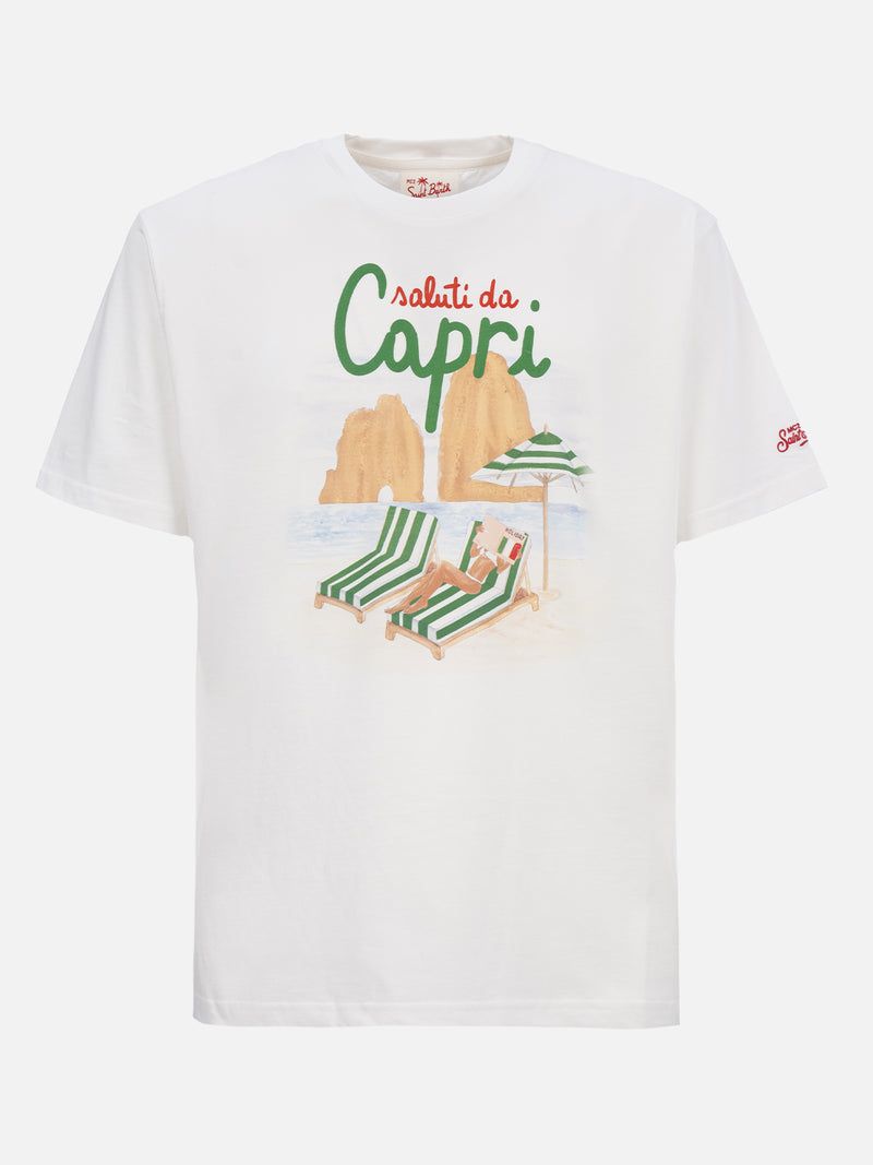 Herren-T-Shirt aus Baumwolle mit platziertem Saluti da Capri-Aufdruck