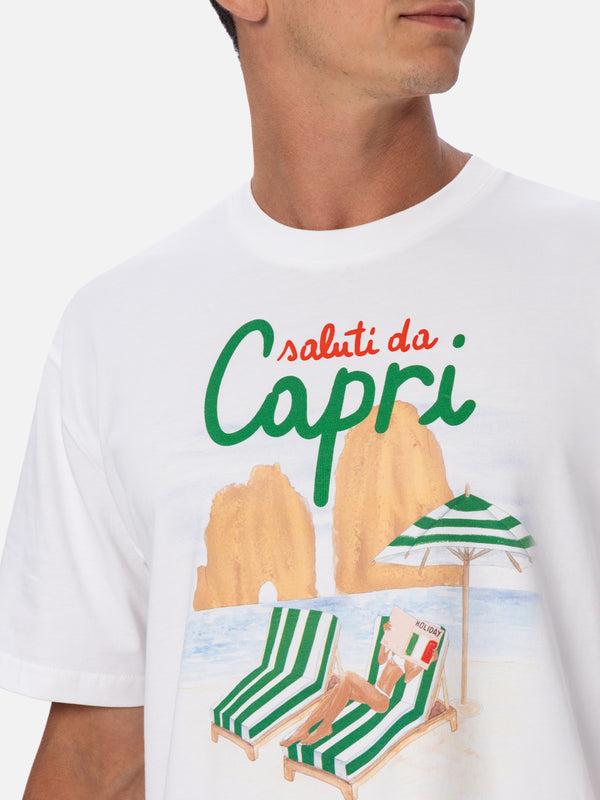 Man cotton t-shirt with Saluti da Capri placed print