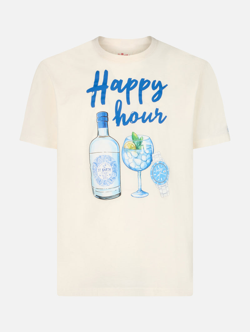 Man cotton t-shirt with Happy Hour placed print