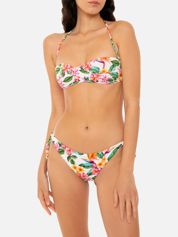 Bikini bianco con stampa fiori colorati