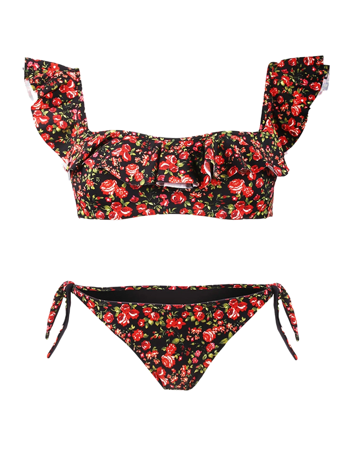 Bandeau-Bikini mit Blumenmuster und Rüschen