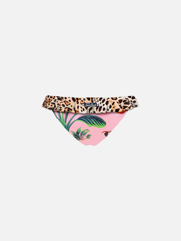 Baby beach briefs with leopard print flounce and tropical pattern