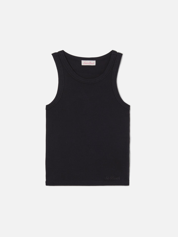 Schwarzes geripptes Ada Tanktop mit Stickerei 
