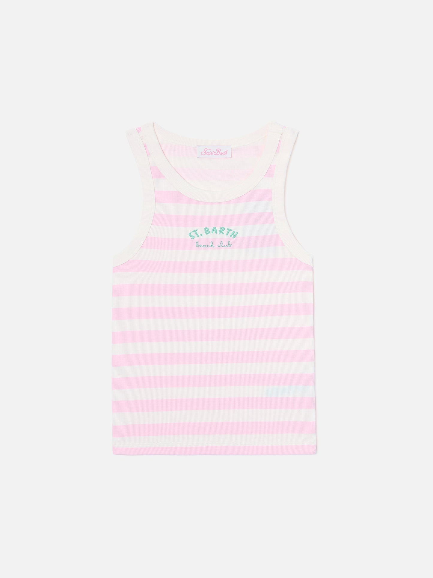 Camiseta de tirantes Ada de rayas rosas con bordado beach club 