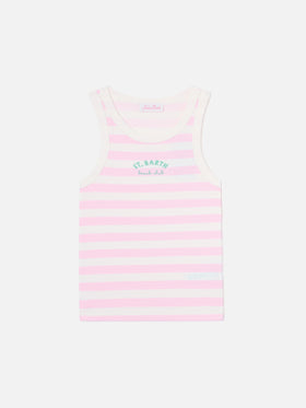 Camiseta de tirantes Ada de rayas rosas con bordado beach club 