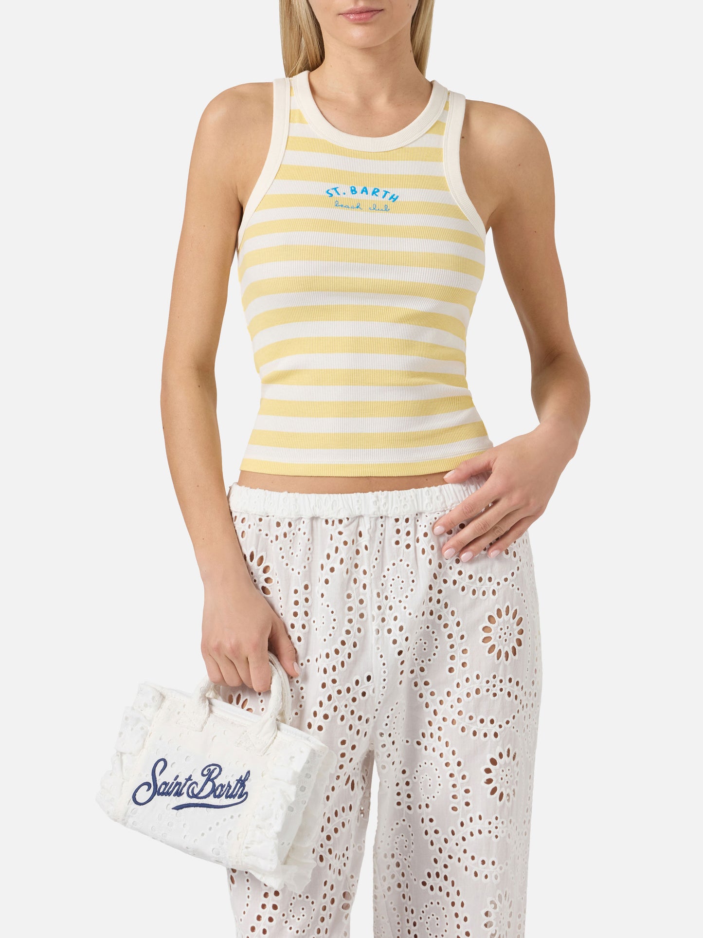 Yellow striped Ada tank top with Beach Club embroidery