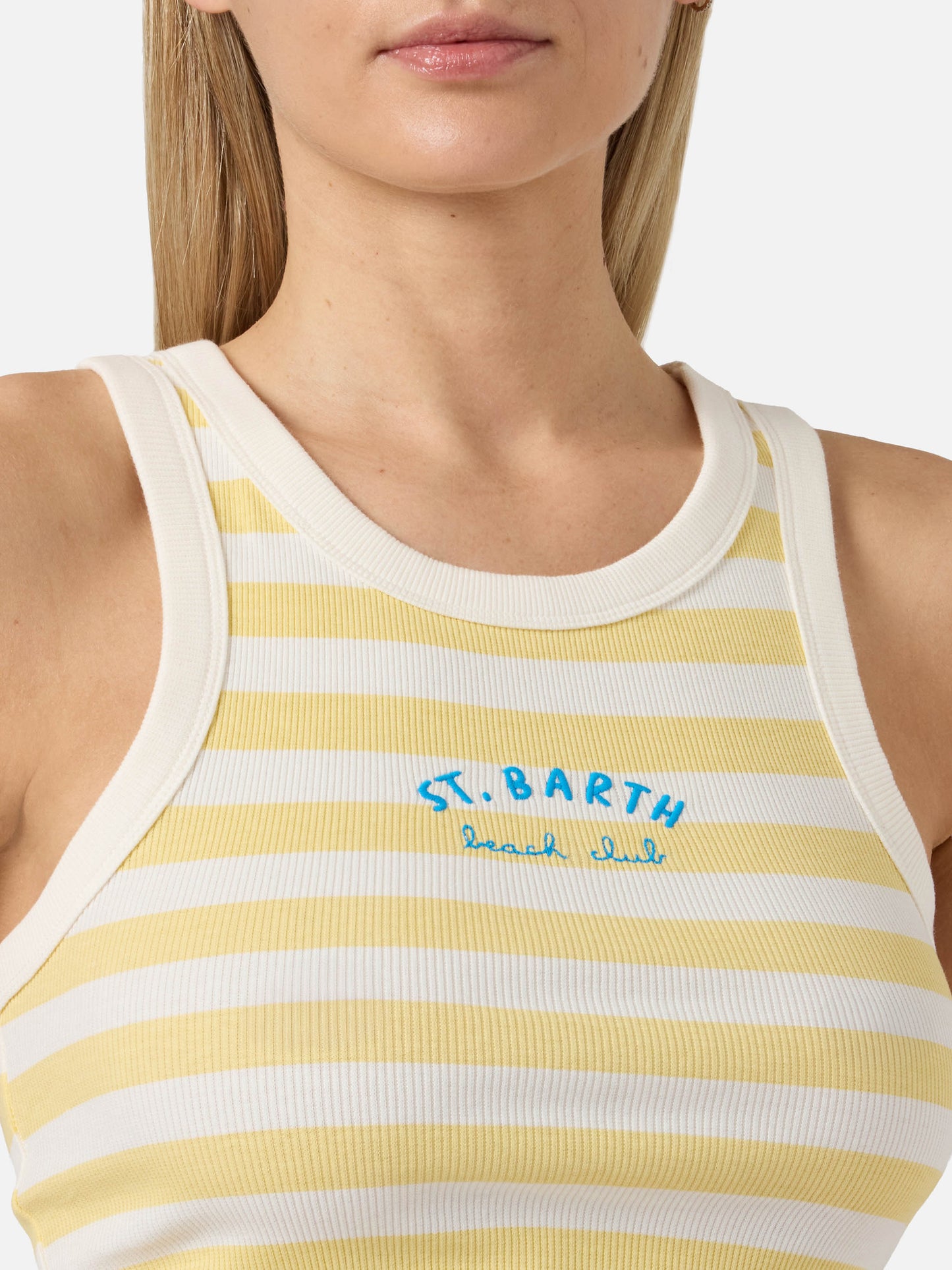 Yellow striped Ada tank top with Beach Club embroidery