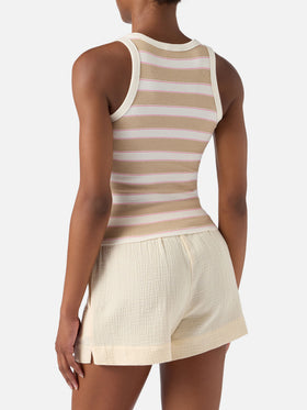 Débardeur Ada rayé beige avec broderie beach club 