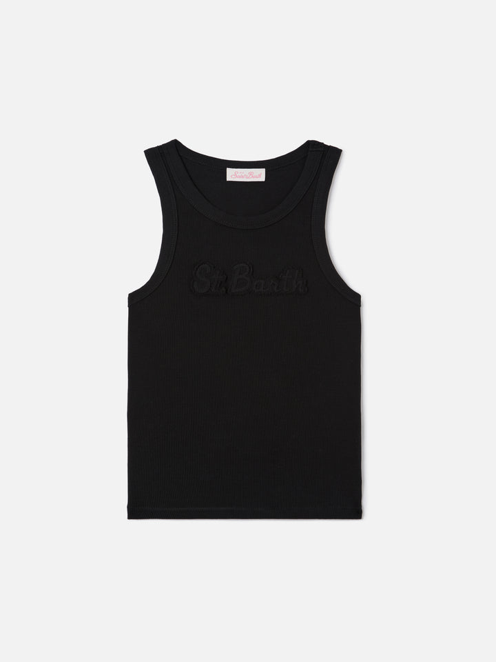 Geripptes schwarzes Ada Tanktop mit erhabenem Logo-Patch 