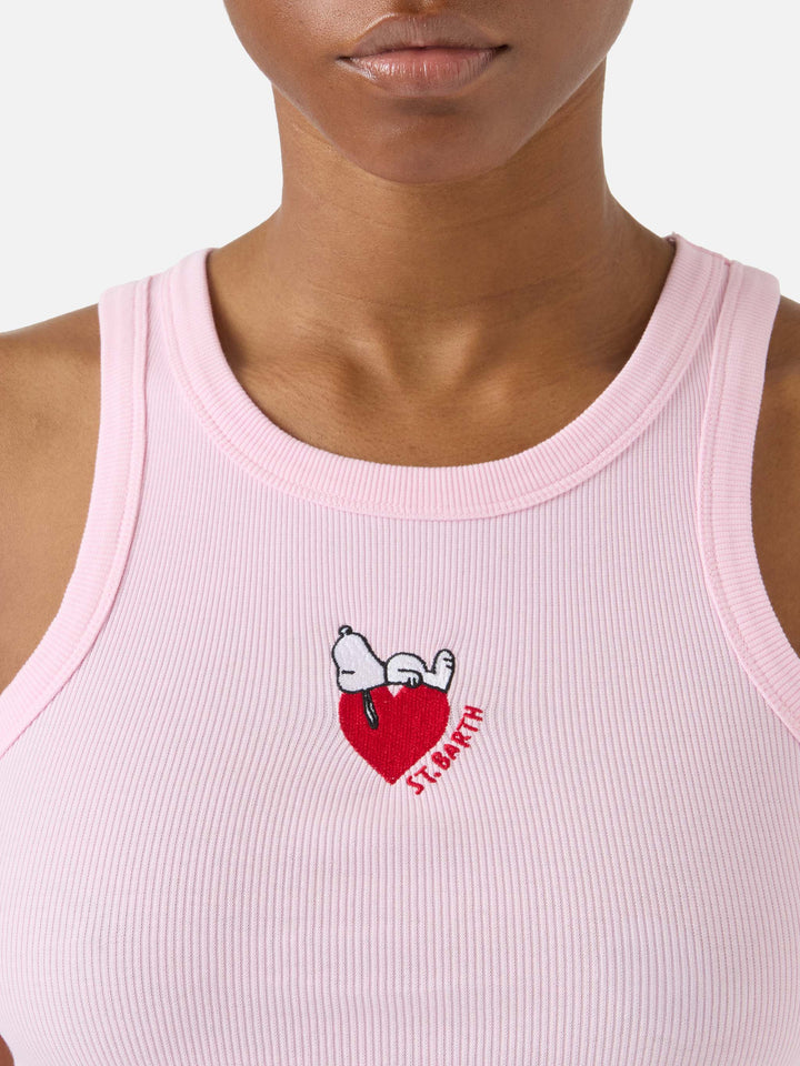 Pink ribbed Ada tank top with Snoopy print and St. Barth Lover embroidery | Special edition