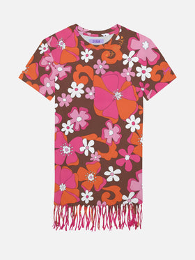 Abbey dress with fringes and  retro flower print