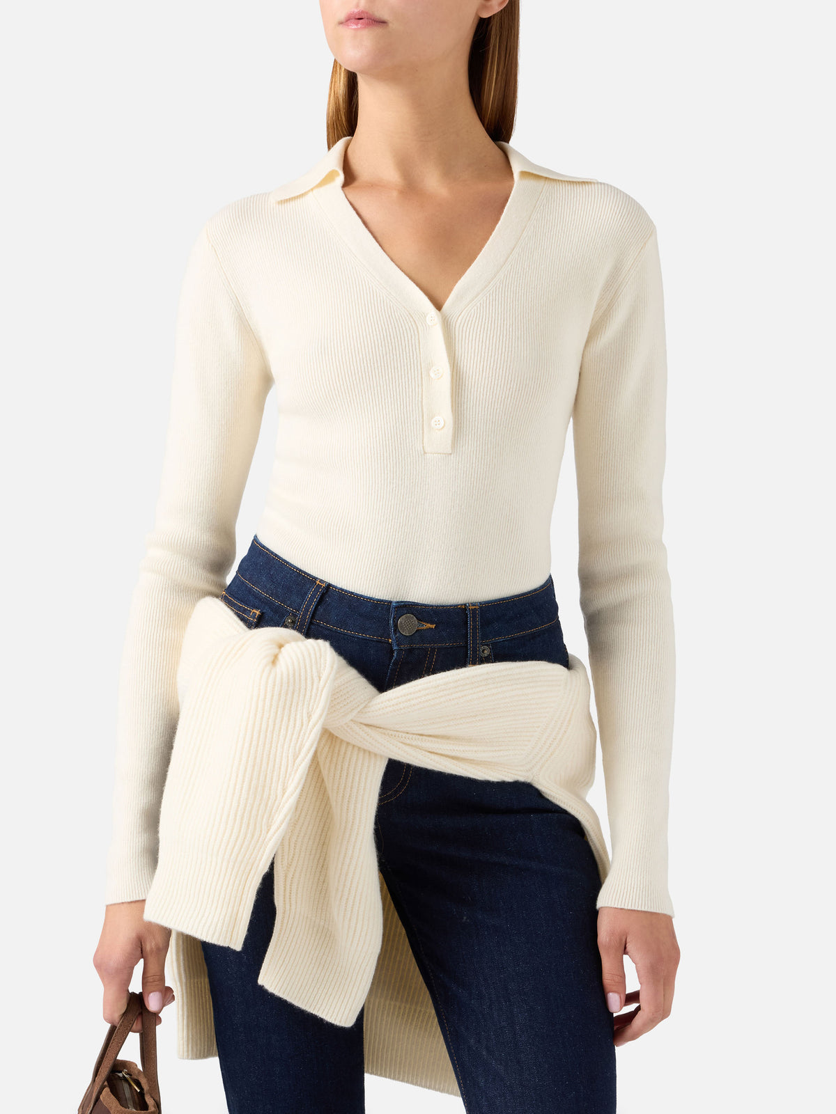 Body de punto de lana Aelis off white con cuello polo 