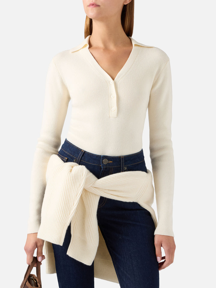 Off white Aelis wool knit bodysuit with polo collar