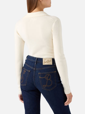Body de punto de lana Aelis off white con cuello polo 