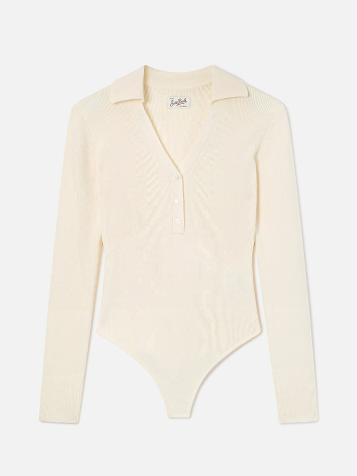 Off white Aelis wool knit bodysuit with polo collar