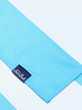 Aidan beach towel with light blue and white stripes and logo