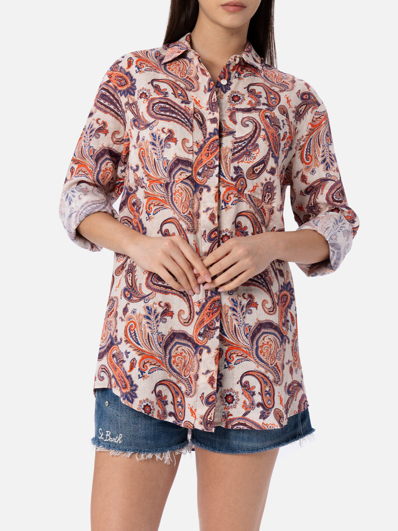 Camicia da donna in lino Alodie con stampa paisley e tasche