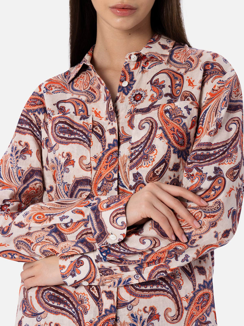 Camicia da donna in lino Alodie con stampa paisley e tasche