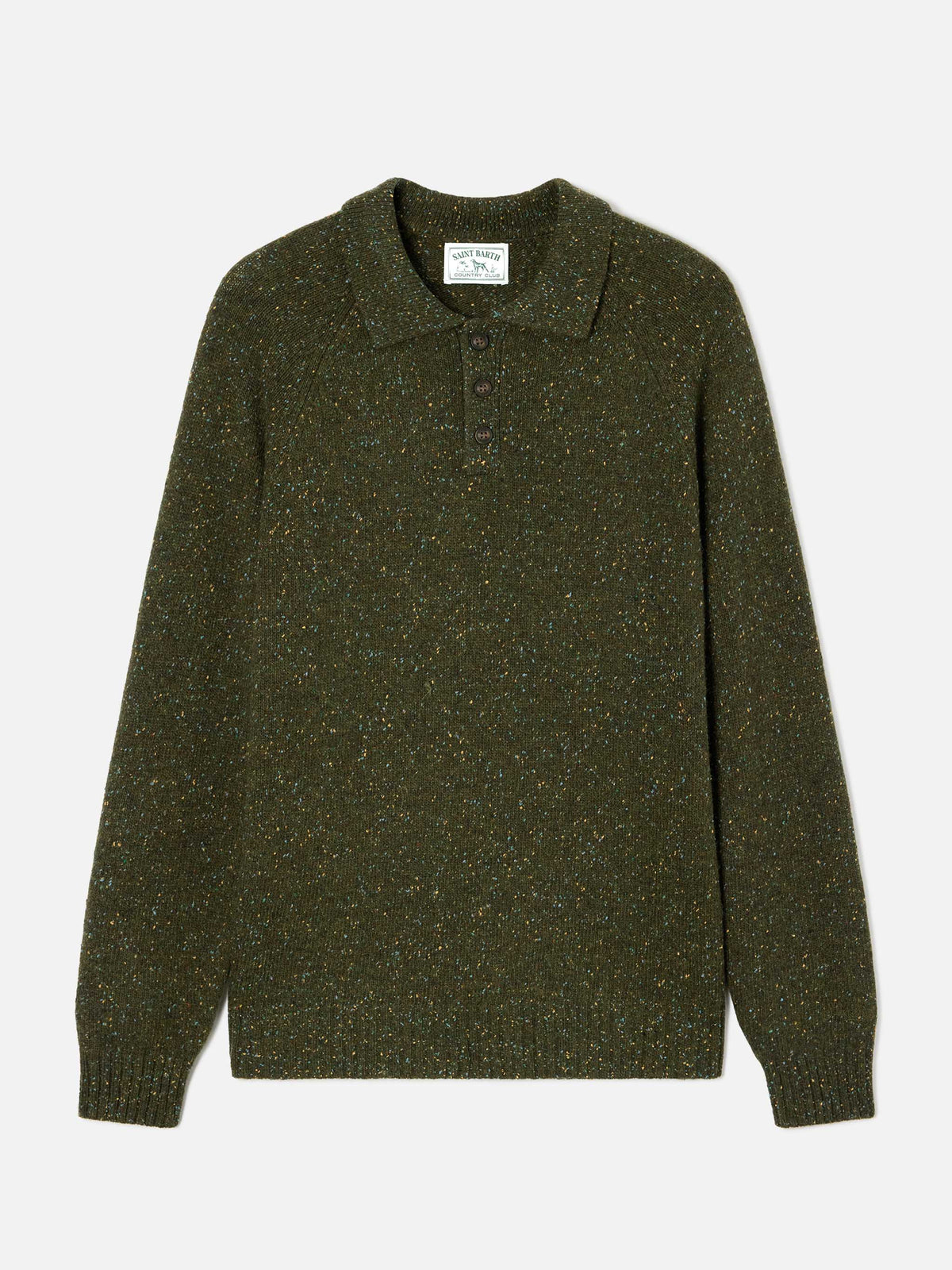 Military green Alfie wool blend Donegal knit polo