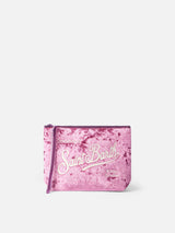 Pink chenille pochette Aline with logo embroidery