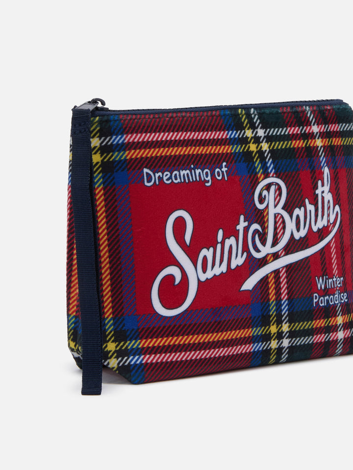 Pochette Aline effetto lana con stampa tartan rossa