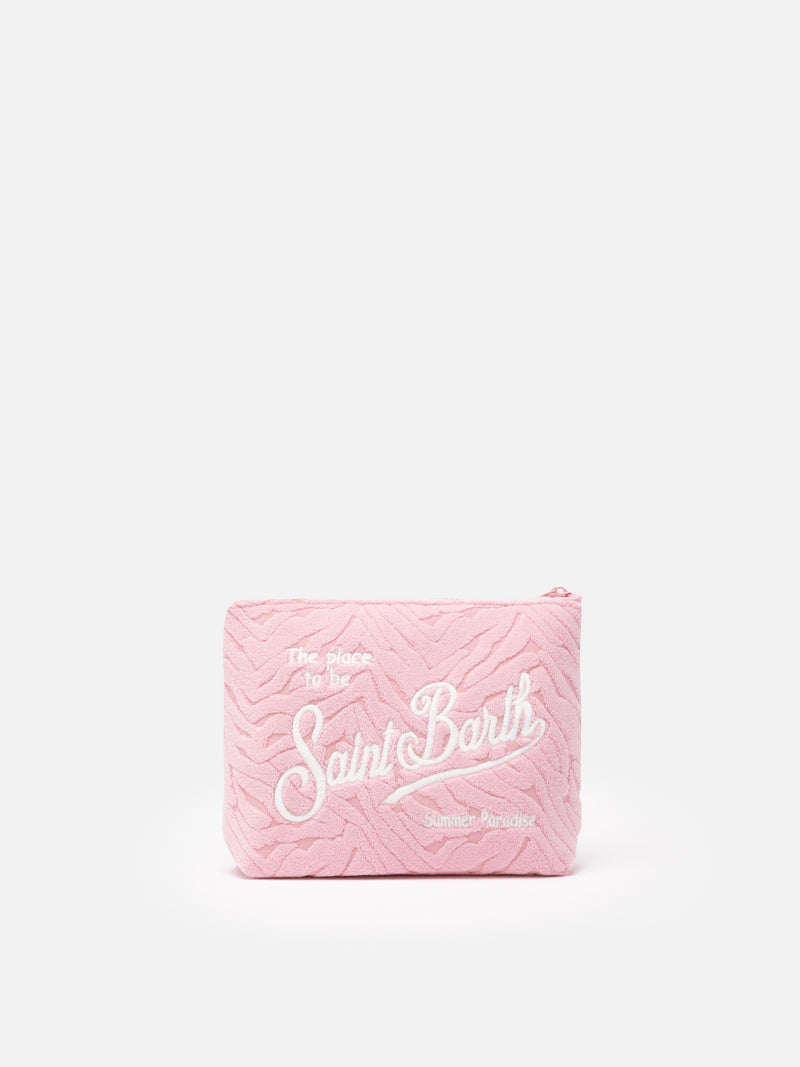 Pochette Aline in spugna rosa con motivo zebra embossed