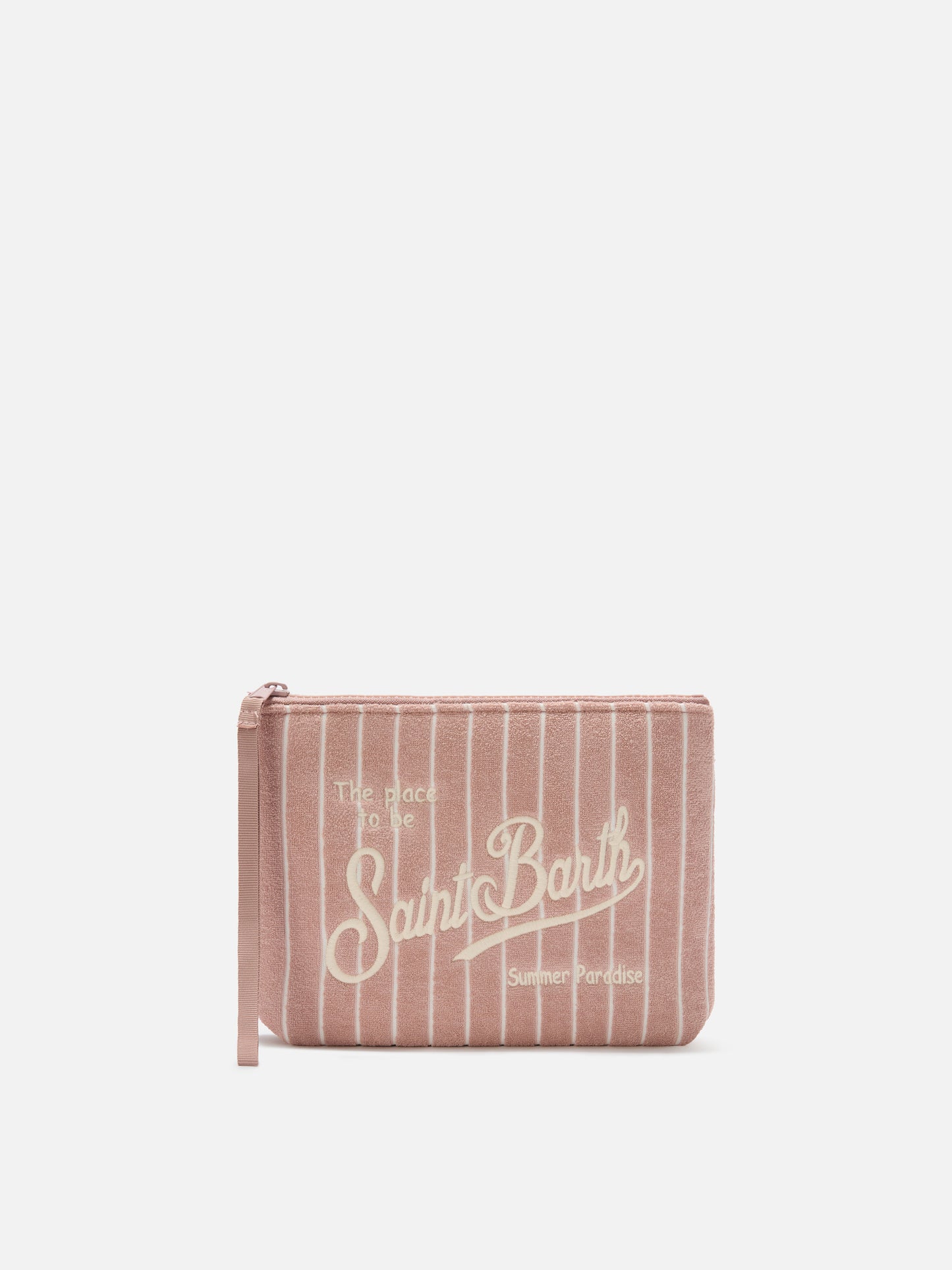 Aline terry-effect light pink pouch with embossed striped pattern