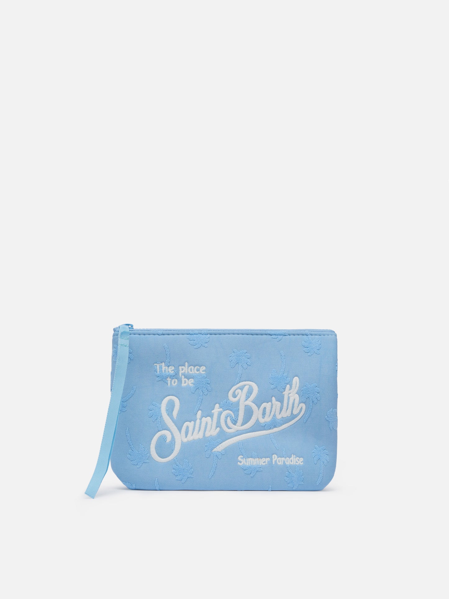 Aline hellblaue Frottee-Pochette mit Palmenprägung
