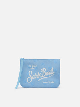 Aline hellblaue Frottee-Pochette mit Palmenprägung