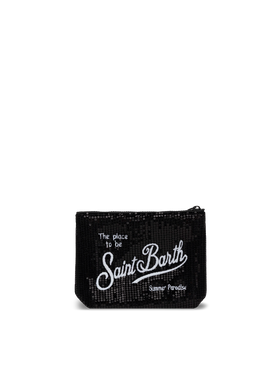 Pochette Aline nera con paillettes e logo ricamato