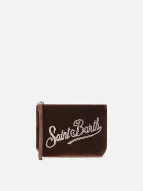 Aline Velvet Pouch in camel velvet with rhinestones